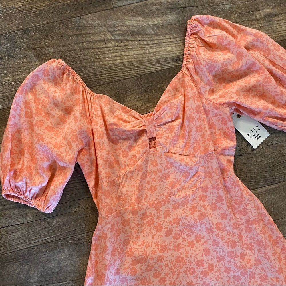 Billabong Loving Life Peach Floral Knot Puff Sleeve Mini Dress
